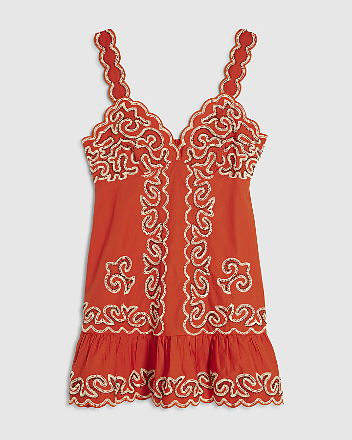 Orange Cotton Embroidered Beaded Mini Dress