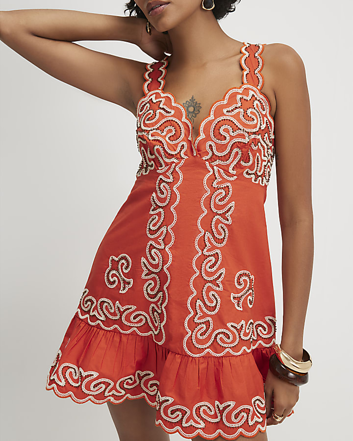 Orange Cotton Embroidered Beaded Mini Dress