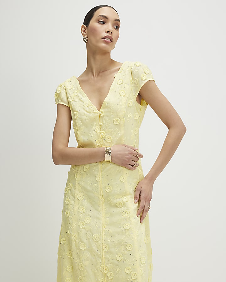Yellow Boutique 3D Flower Midi Dress