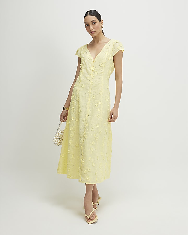 Yellow Boutique 3D Flower Midi Dress