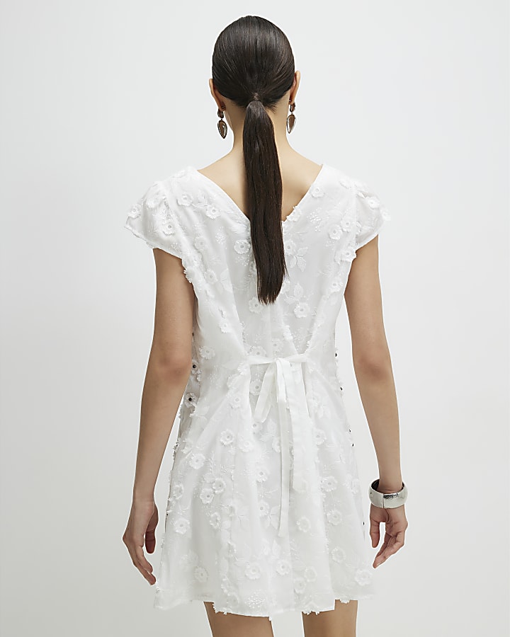 White Boutique 3D Flower Mini Dress