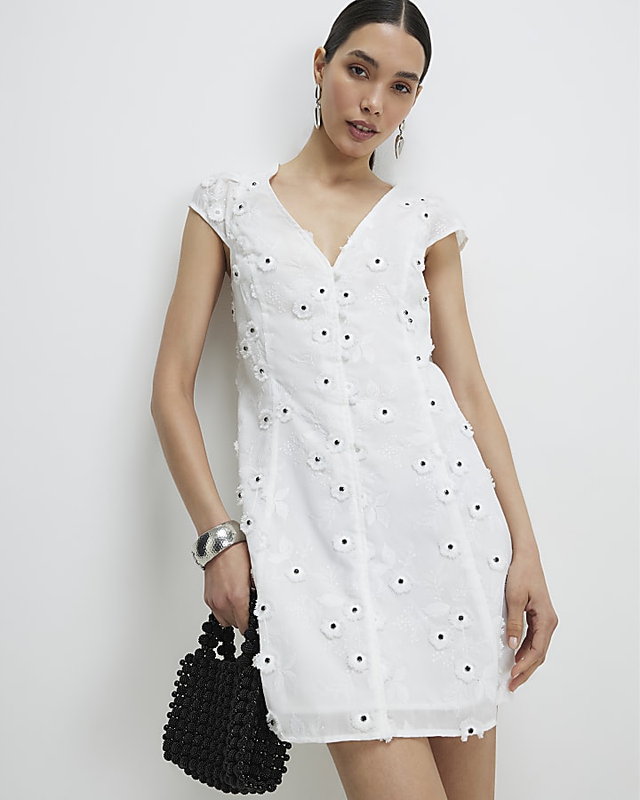 White Boutique 3D Flower Mini Dress