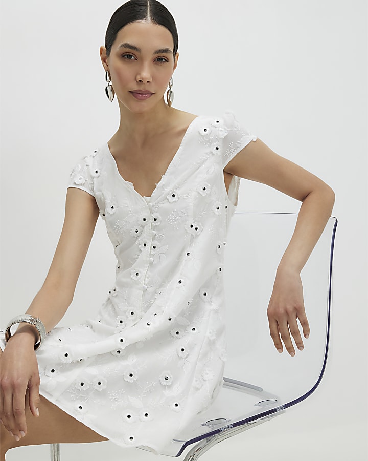 White Boutique 3D Flower Mini Dress