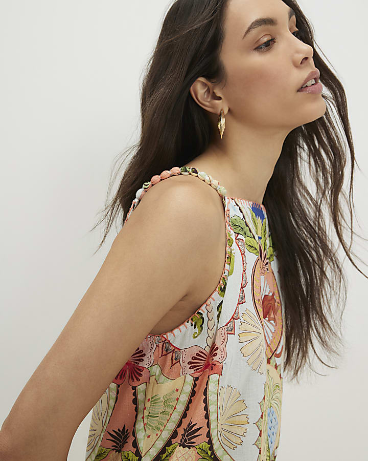 Blue Cotton Palm Print Shift Dress
