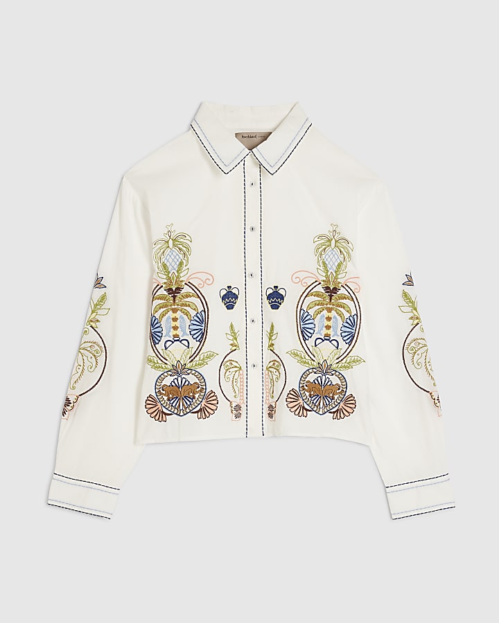 White Cotton Embroidered Palm Placement Shirt
