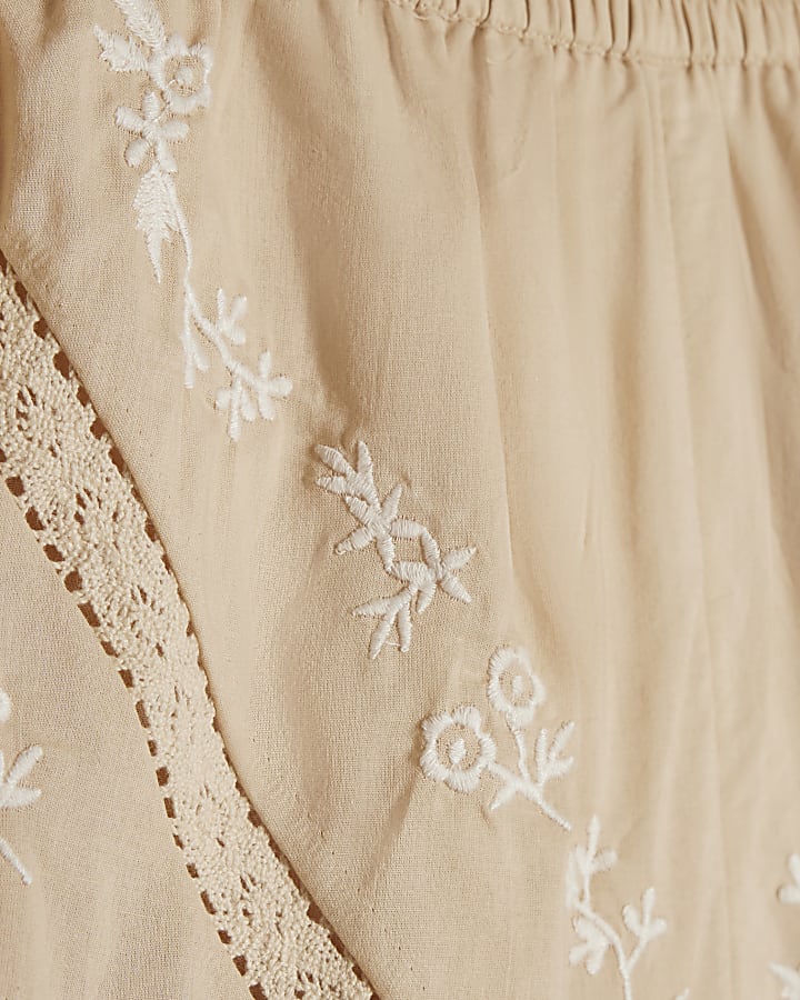 Beige Cotton Embroidered Shorts