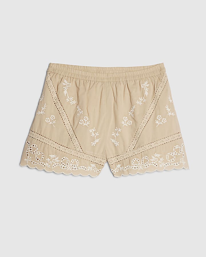 Beige Cotton Embroidered Shorts