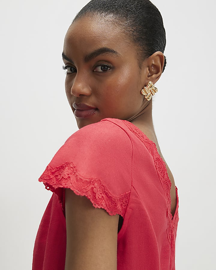 Pink Linen Lace Trim Top