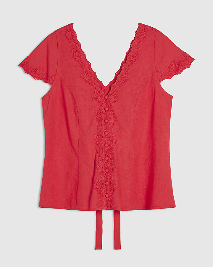 Pink Linen Lace Trim Top