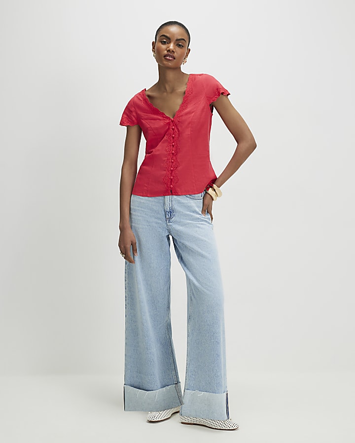 Pink Linen Lace Trim Top