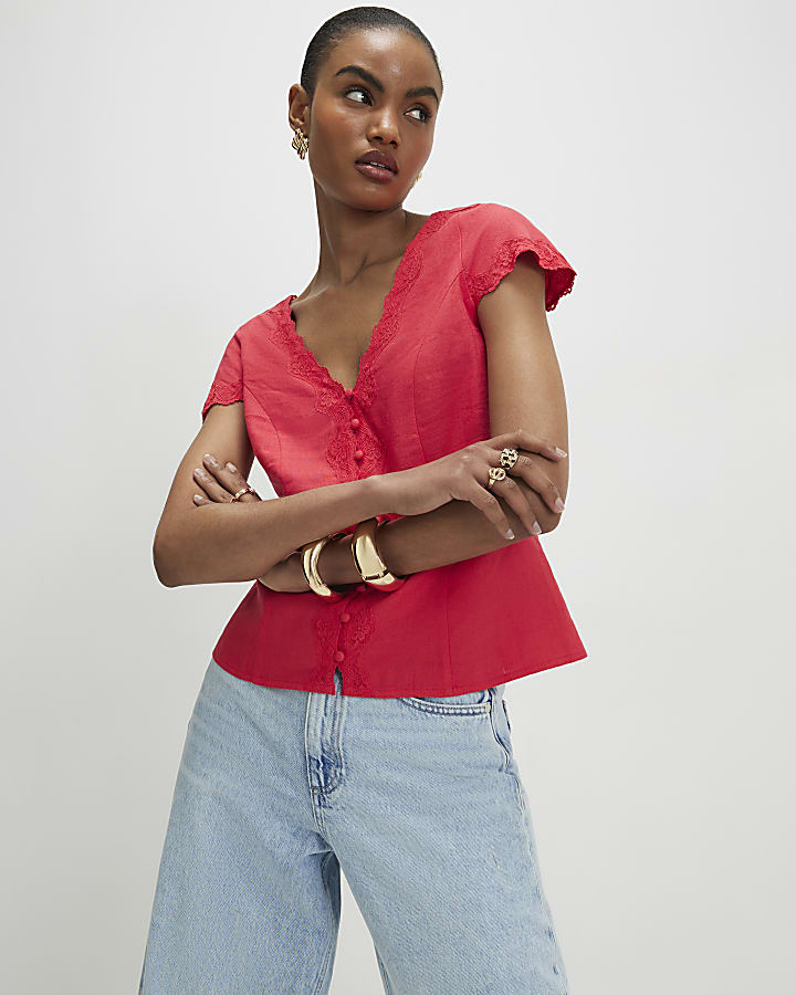 Pink Linen Lace Trim Top