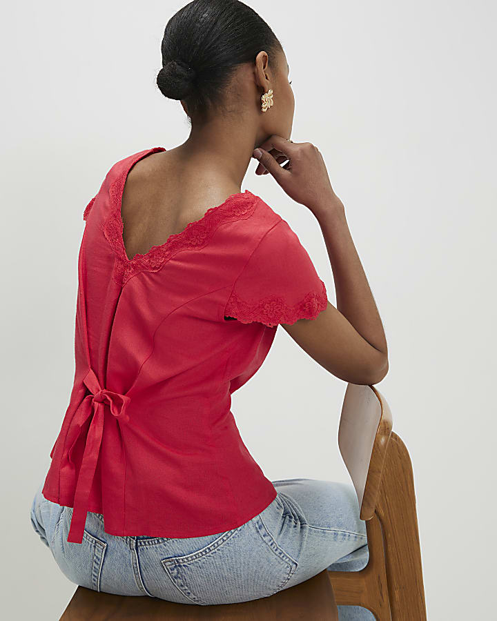 Pink Linen Lace Trim Top