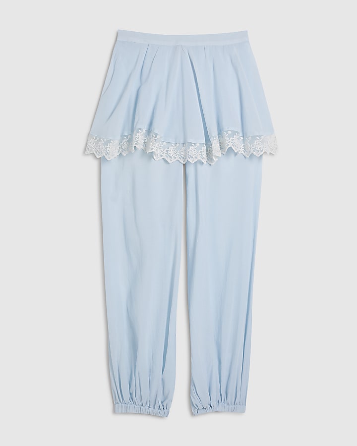 Blue Lace Trim Balloon Leg Trousers