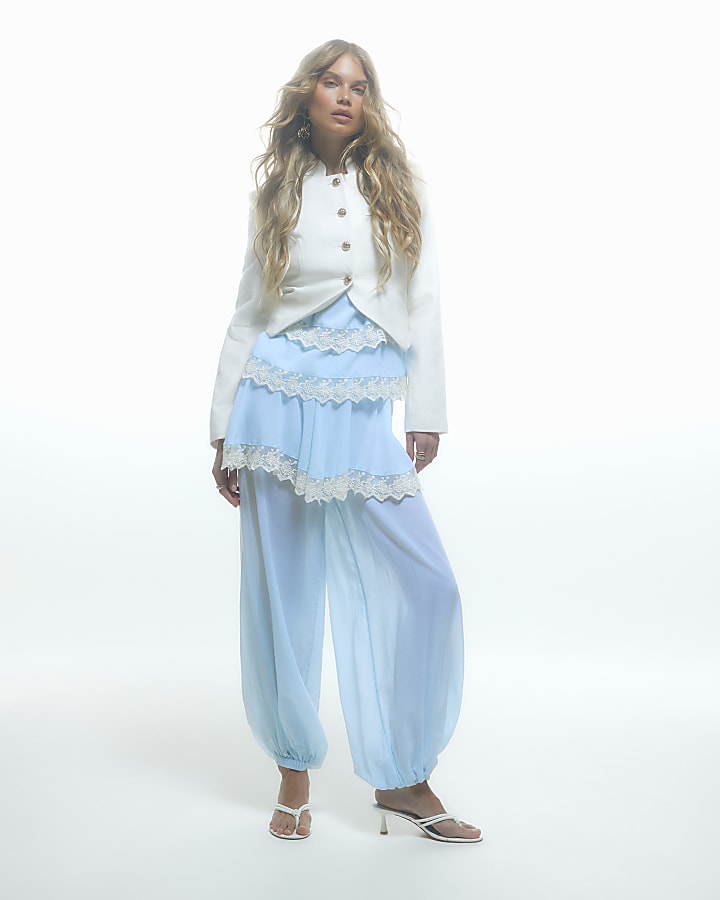 Blue Lace Trim Balloon Leg Trousers