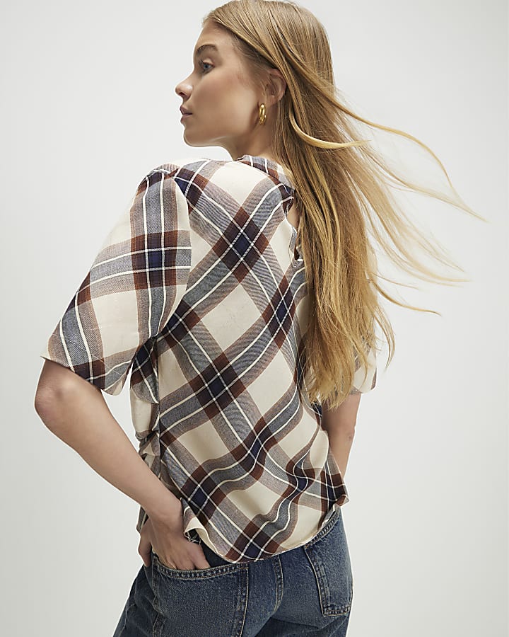 Cream Tartan Print Short Sleeve Top