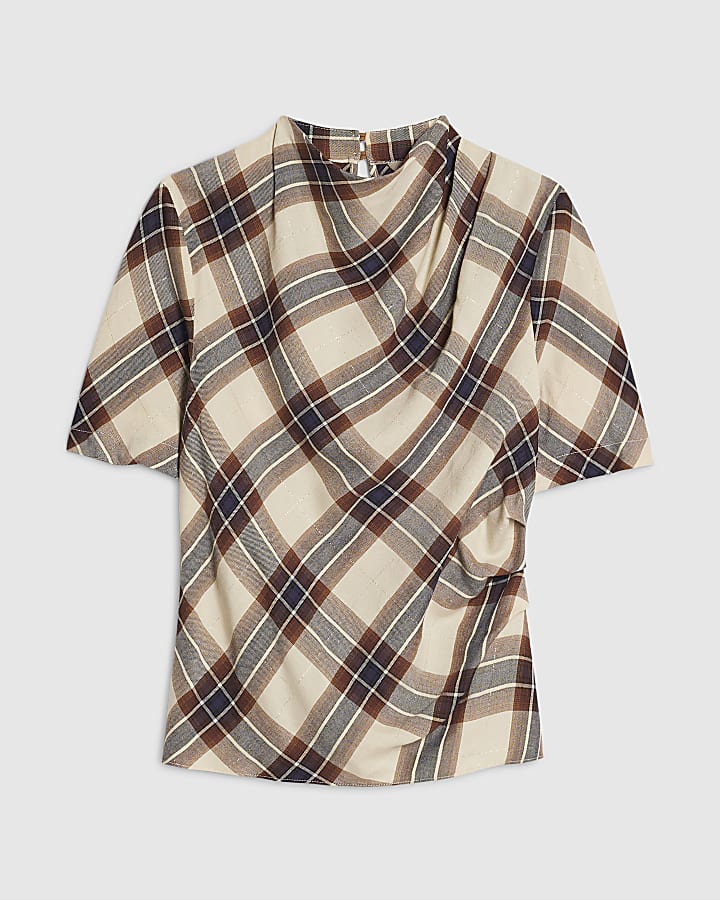 Cream Tartan Print Short Sleeve Top