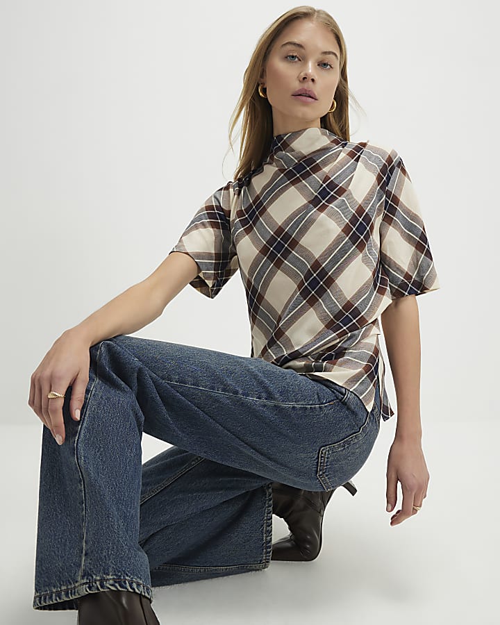 Cream Tartan Print Short Sleeve Top