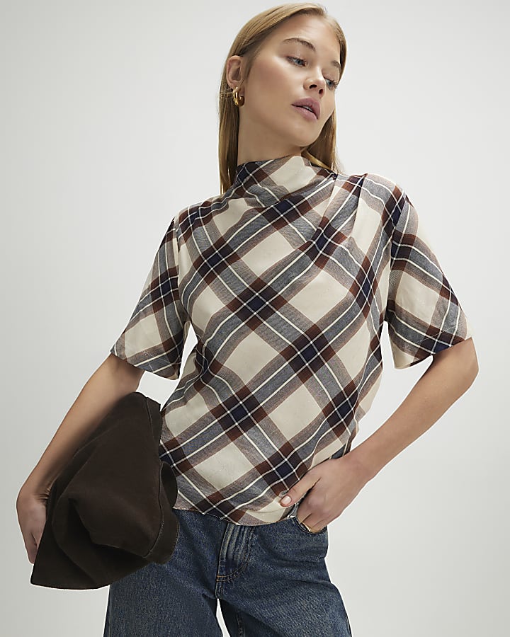 Cream Tartan Print Short Sleeve Top