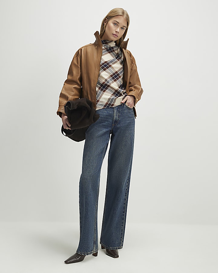 Cream Tartan Print Short Sleeve Top