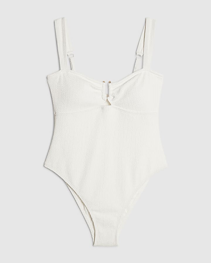 White Metal Trim Textured Swimsuit
