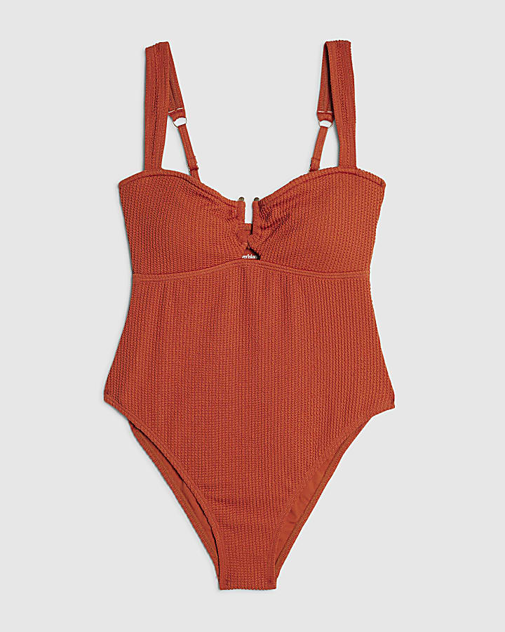 Orange Metal Trim Textured Swimsuit