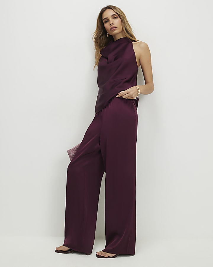 Red Satin Wide Leg Trousers