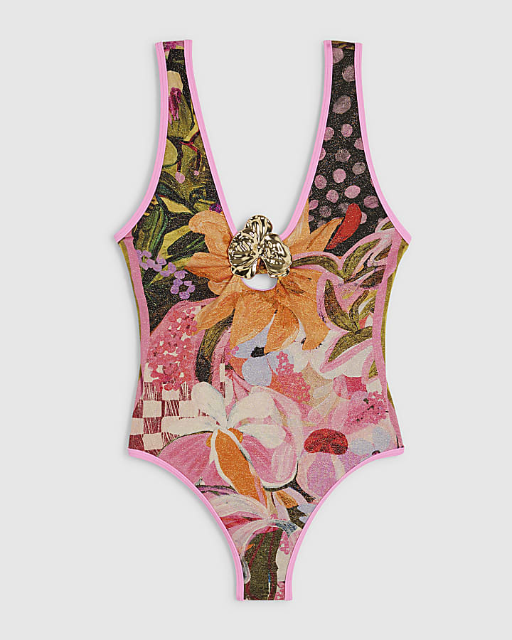 Pink Floral Trim Swimsuit