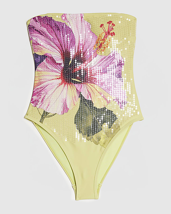 Green Hibiscus Print Sequin Swimsuit