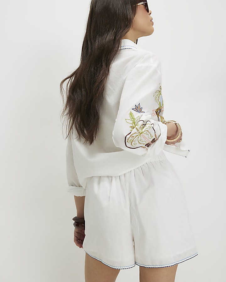 White Embroidered Palm Placement Shorts