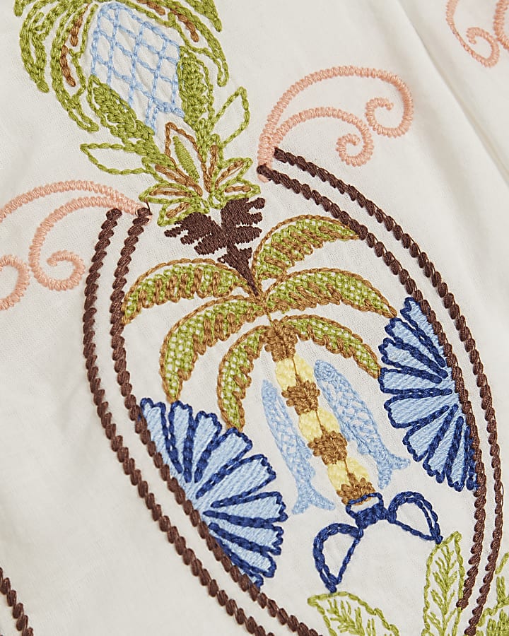White Cotton Embroidered Palm Print Shorts