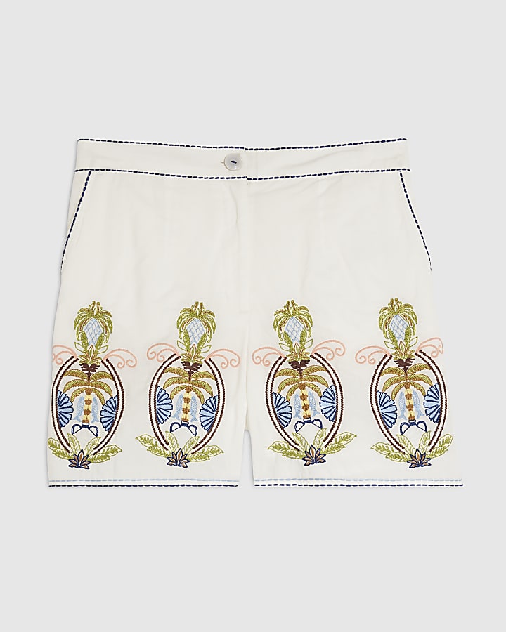 White Cotton Embroidered Palm Print Shorts