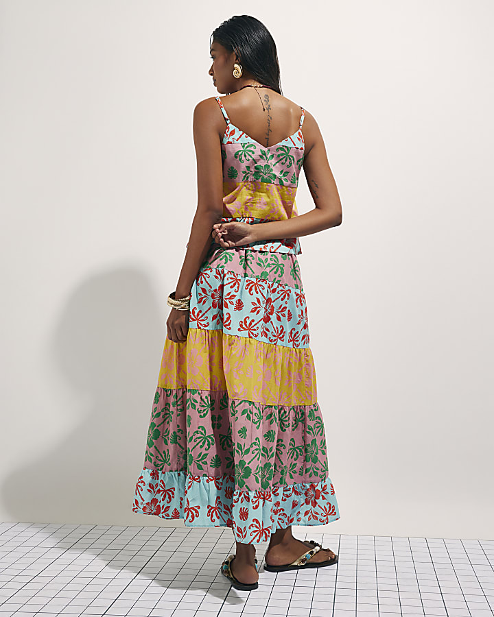 Pink Colour Block Floral Maxi Skirt