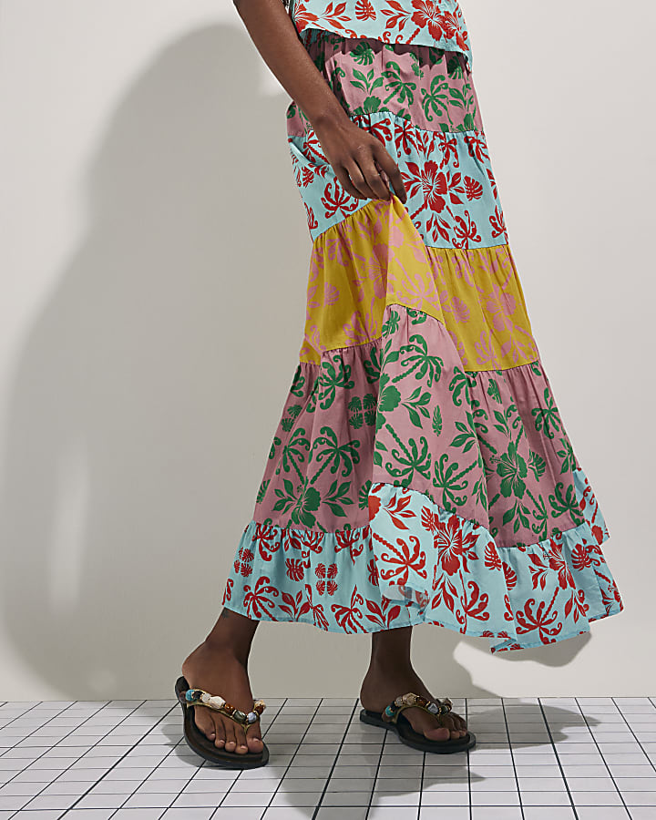 Pink Colour Block Floral Maxi Skirt