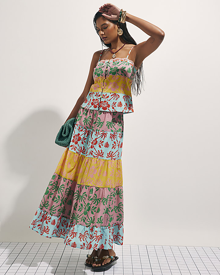 Pink Colour Block Floral Maxi Skirt