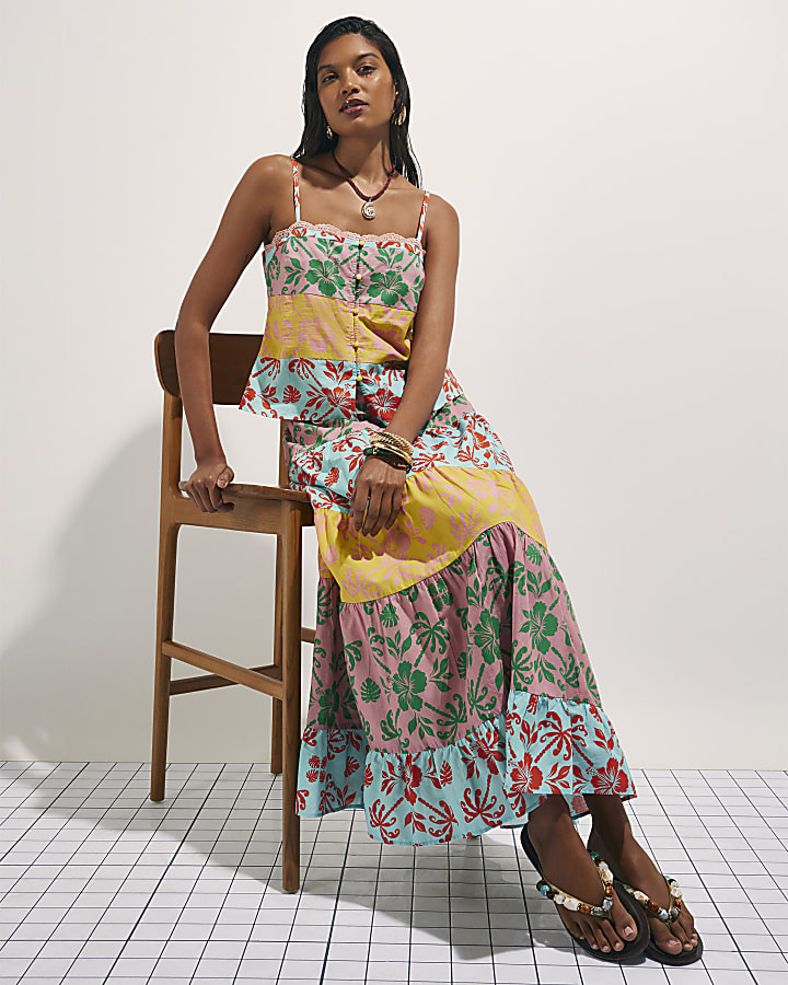 Pink Colour Block Floral Maxi Skirt