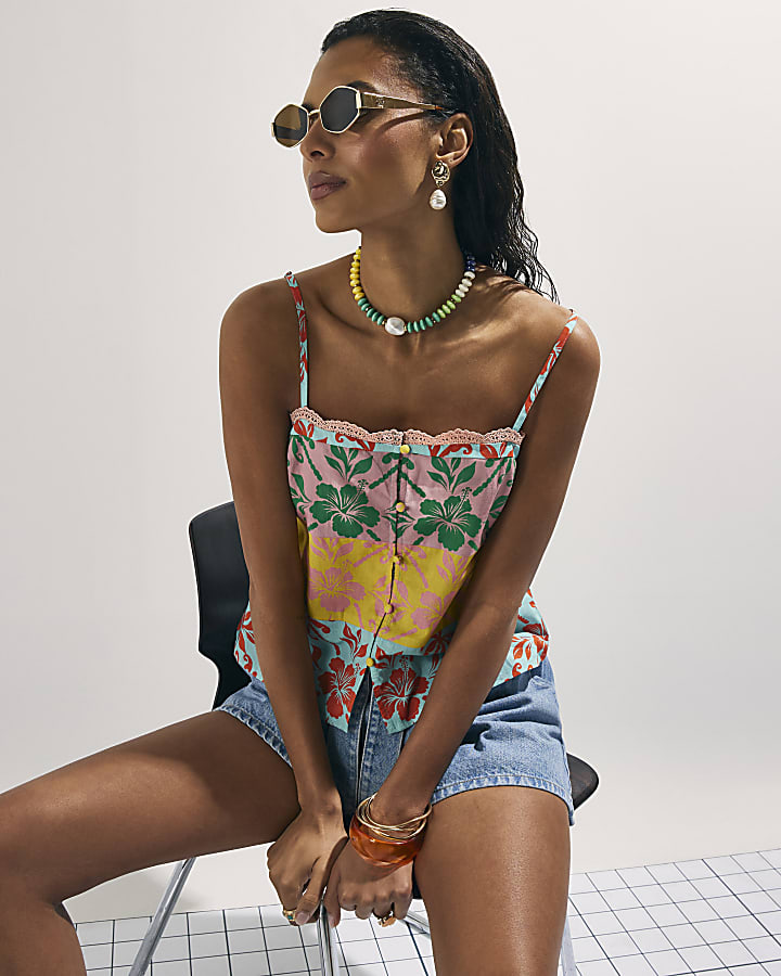 Pink Colour Block Floral Cami