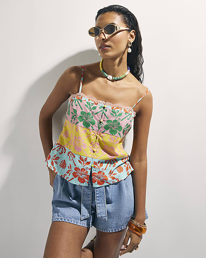 Pink Colour Block Floral Cami