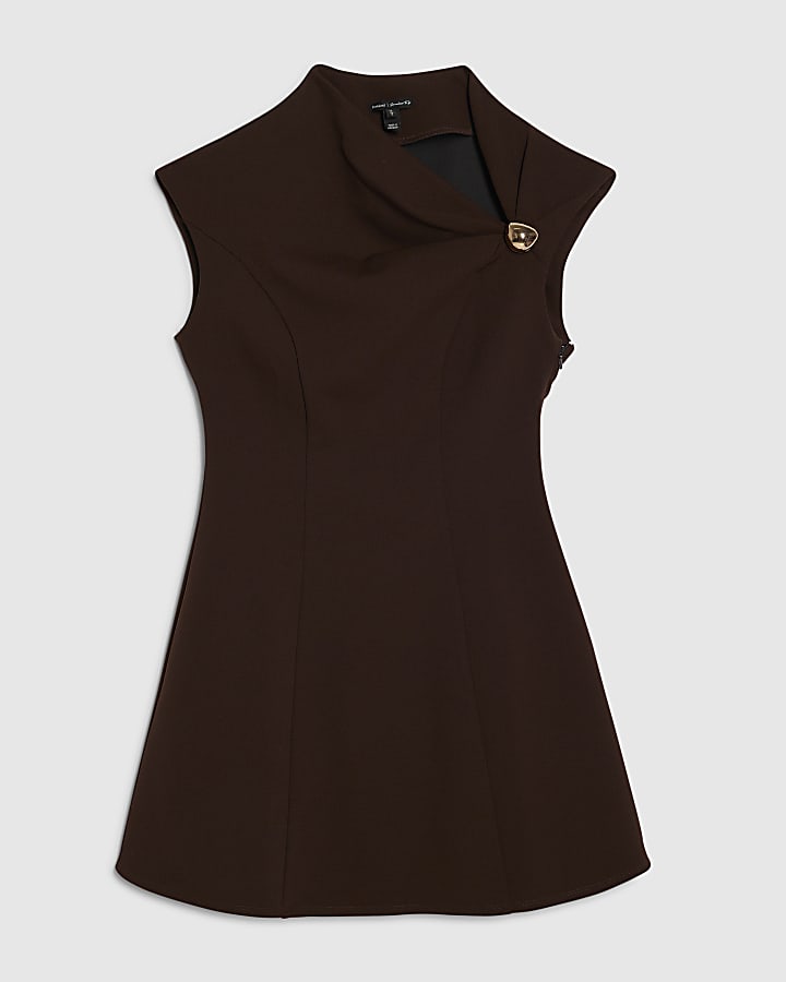 Brown Sleeveless Draped Neck Mini Dress
