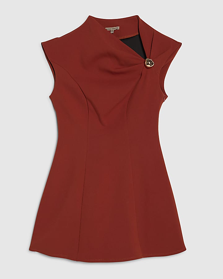Brown Sleeveless Draped Neck Mini Dress