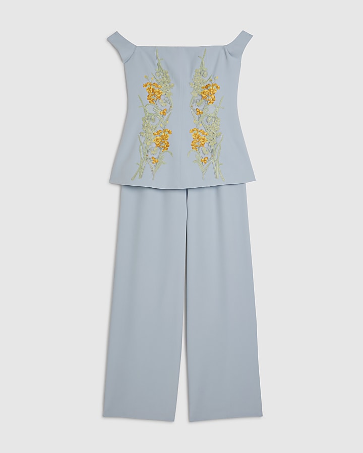 Blue Bardot Floral Embroidered Jumpsuit