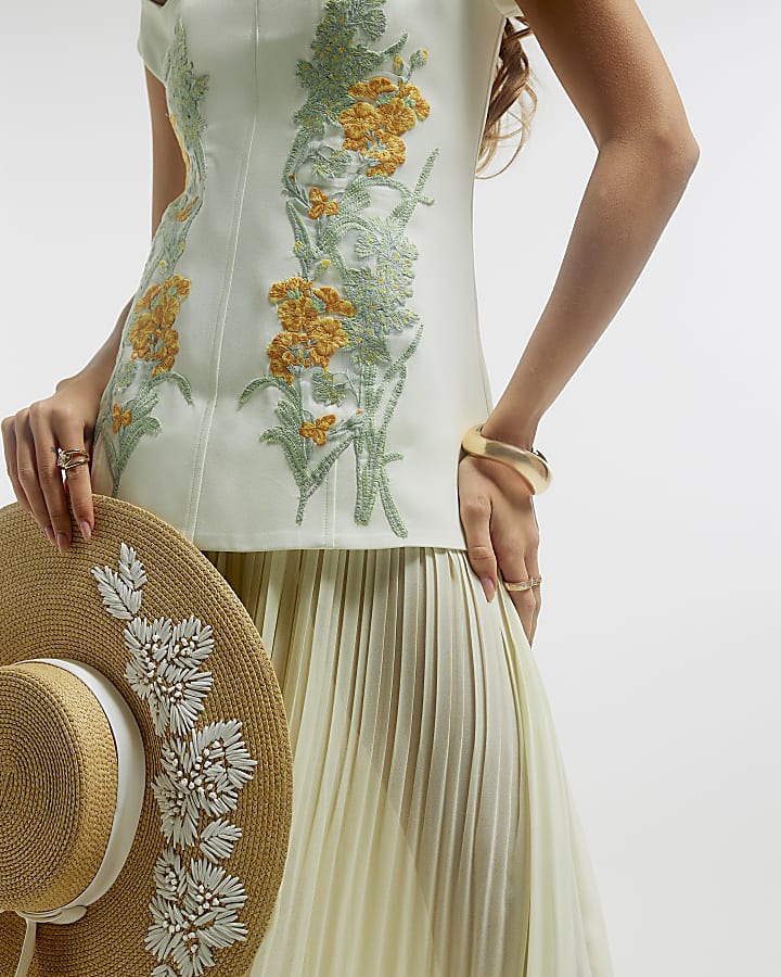 Yellow Bardot Floral Pleated Skirt Maxi Dress