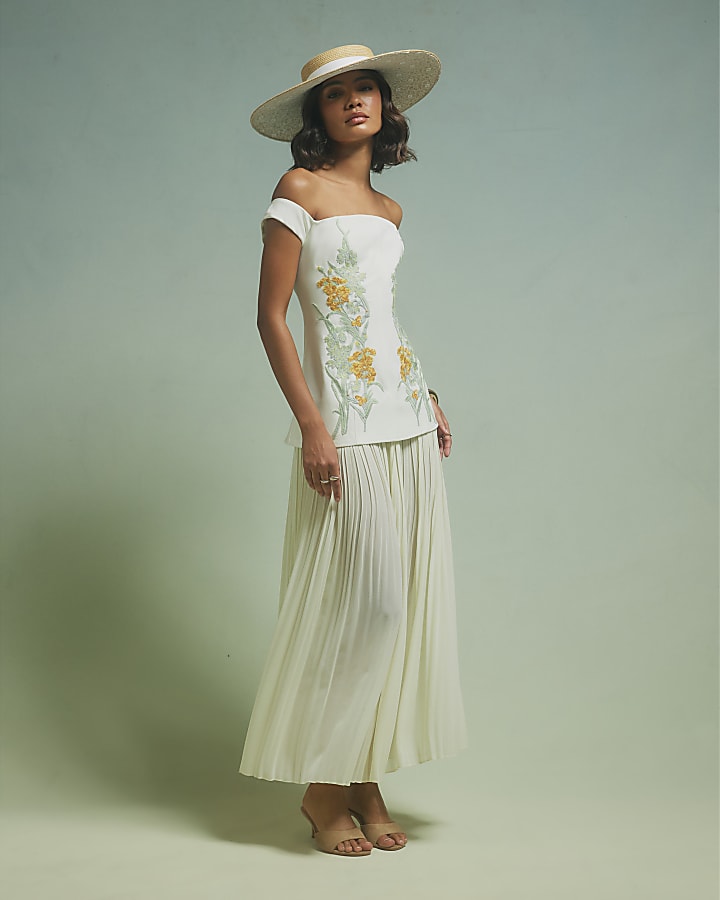 Yellow Bardot Floral Pleated Skirt Maxi Dress