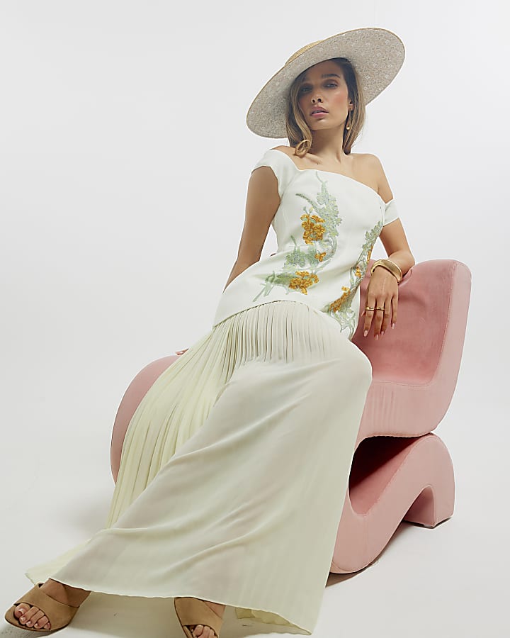 Yellow Bardot Floral Pleated Skirt Maxi Dress