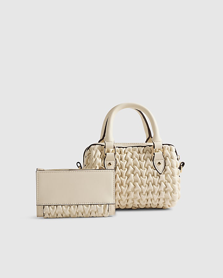 Cream Ruched Mini Bowler Bag Bundle