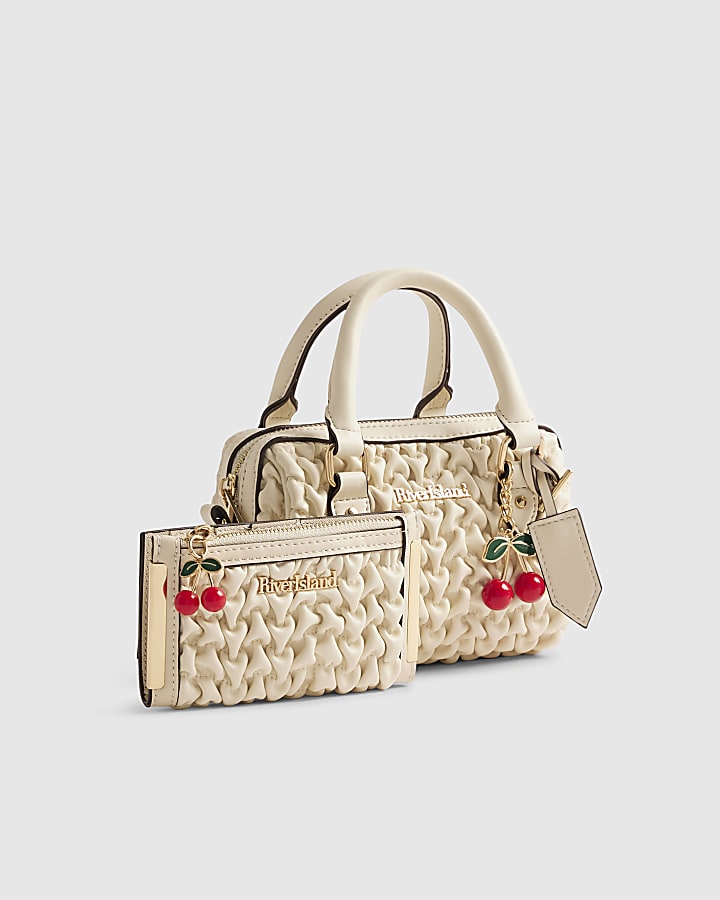 Cream Ruched Mini Bowler Bag Bundle