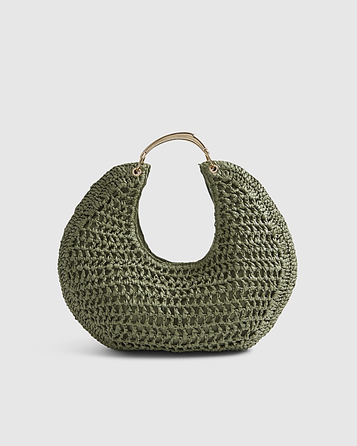Green Raffia Metal Handle Scoop Bag