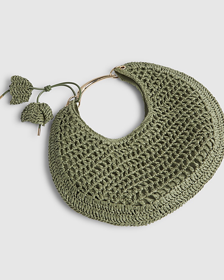 Green Raffia Metal Handle Scoop Bag