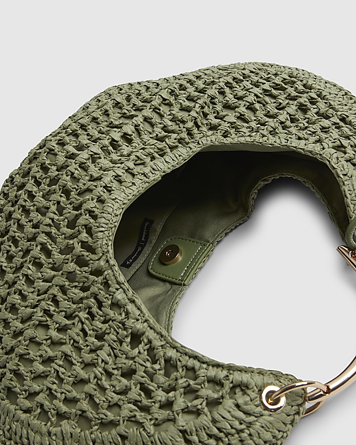 Green Raffia Metal Handle Scoop Bag