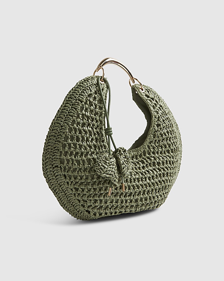 Green Raffia Metal Handle Scoop Bag