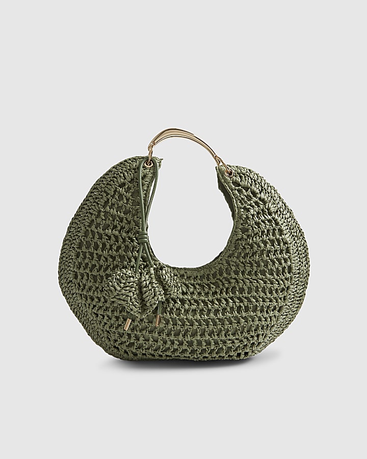 Green Raffia Metal Handle Scoop Bag